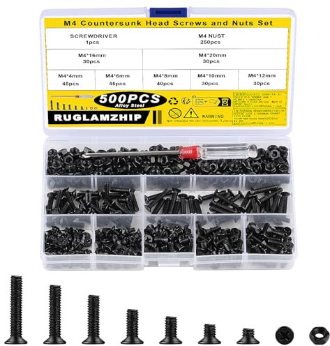 500 Stück M4 Schrauben Set, M4 Senkkopfschrauben Muttern Set, Flachkopf Kreuzschlitzschrauben und Muttern Sortiment Kit, Schwarz Maschinenschrauben Set für DIY Computer PC Reparaturschrauben
