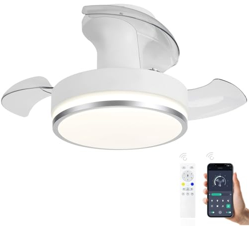 Modern Infällbar Takfläkt Med Ljus Och Fjärrkontroll, Tysta Takfläktar Med Lampor, LED Dimbar Sommar Vinterläge Vändbar DC Motor Osynlig Takfläkt Ljus För Sovrum Vardagsrum-White-silver