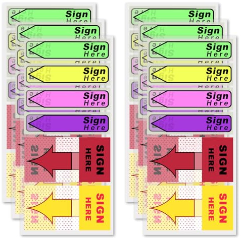 900stk/6 Packungen Schilder zum Unterschreiben mit Spender, Fluoreszierende Farbe Haftnotizen mit Aufschrift Sign Here Einfach Anzubringen Hinweispfeil-Aufkleber für Schule Büro (Rot, Gelb)