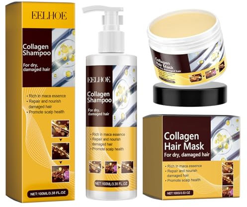 Champú+ Mascarilla de Reparación Con Colágeno, Shampoo And Treatment Set, Mascarilla para Cabello Seco y Dañado, para Nutrir, Reparar el Cabello Seco y Encrespado, Reparación Fuerte e Hidratación