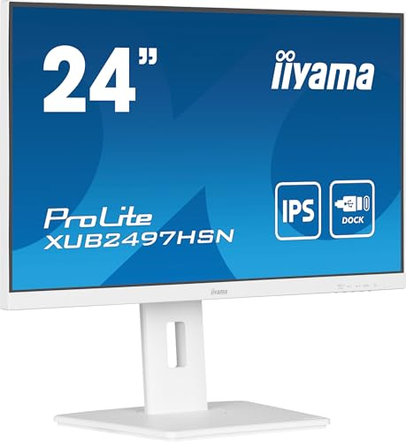 iiyama XUB2497HSN-W2 24 tum IPS (vit infattning) USB-C dockskärm 65 W laddning, 4 ms, Full HD 1920 x 1080, RJ45/HDMI/DP, 1 x DP-OUT(MST), 4 x USB-hubb, höjdjusterbart stativ, TUV-GS, 5 års garanti