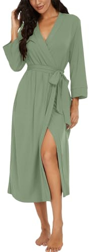 PrinStory Damen Morgenmantel V-Ausschnitt Bademantel 3/4 Ärmeln Kimono Robe Morgenrock Gestrickt Nachtwäsche Lang Saunamantel (Hellgrün, M)