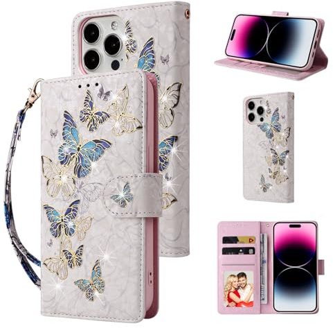 UEEBAI Wallet Case for iPhone 15 Pro Max, PU Leather Phone Case Kickstand RFID Blocking Flip Case Card Slots Wrist Strap Relief Engraved Pattern Magnetic Closure Folio Case - Blue Butterfly