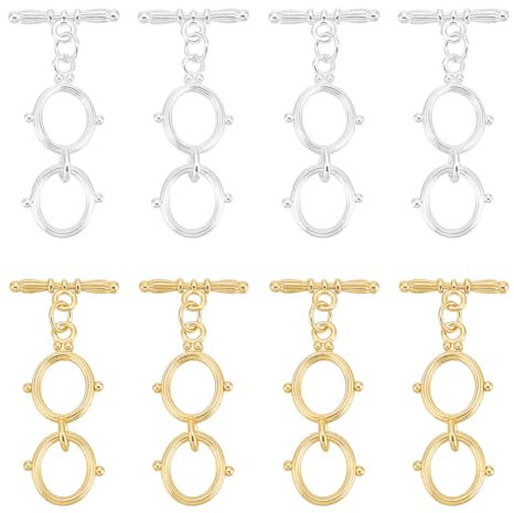 BENECREAT 8 Sets Brass Toggle Clasps, 2 Color Real Gold and Silver Plated T Bar Clasps, Bar and Double Ring Jewelry Clasps for Necklace Bracelets Chain Ends Fastening
