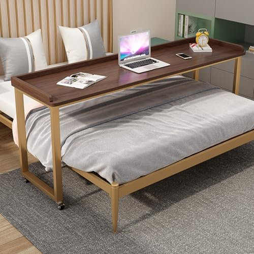 Betttisch auf Rollen Hergestellt aus Verdicktem Stahlrahmen und Massivholz Stabil und Tragfähig, Pflegetisch für Bett, Überbetttisch(Gold)