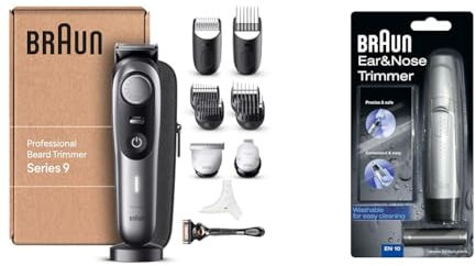 Braun Barttrimmer, Bartschneider/Haarschneidemaschine Profi, 40 Einstellungen, Ladestation, Bartschablone, 180 Min. kabellose Laufzeit, BT9440 + Braun Exact Series EN10 Ohr und Nasenhaar Trimmer