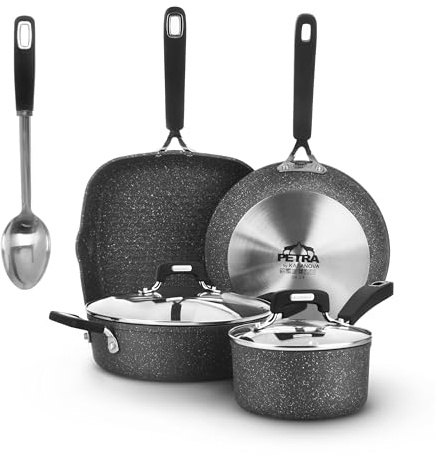 KASANOVA Batteria pentole 7 pezzi New Petra Dark, Set pentole e padelle induzione e forno fino a 180°C, Set pentole antiaderente con bistecchiera e paletta in acciaio