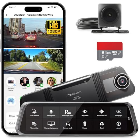 Nakamichi ND410W Dashcam 1080p Full HD vorne und hinten, intelligenter digitaler Rückspiegel mit Parkhilfe & Überwachung, WDR-Nachtsicht, Loop-Aufnahme, App-Steuerung, 64GB SD-Karte enthalten