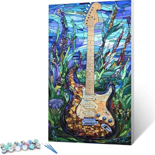 Malen Nach Zahlen Erwachsene Kinder Gitarre, 80x160cm Groß Paint by Numbers mit Leinwand Pinseln Acrylpigment, Pflanze DIY Handgemalt Malen Nach Zahlen ab 7 Jahre Mädchen für Zimmer Deko 3/R- S