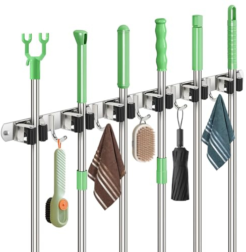 Sampoes Besenhalterung Wand, Besenhalter Edelstahl mit 6 Halter und 5 Haken, Gartengerätehalter Wandhalterung Besen Aufhängung, Besen Mop Halter für Badezimmer, Küche, Garage, Garten, Mehrfarbig