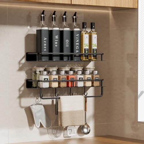 devesanter spice racks wall 2 pack 40cm without drilling on kitchen shelf with 4 hooks hanging hook rail on cupboard door shower shelf for kitchen bathroom balcony (Black)