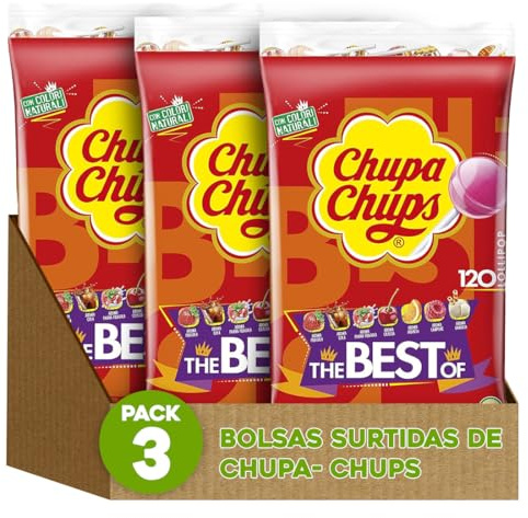 Chupa Chups Original Caramelo con Palo Pack 3 Bolsas de 120 Unidades | 360 caramelos en total | Envueltos uno a uno | Fresa, cola, nata, naranja, frambuesa y vainilla