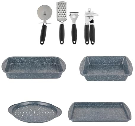 Russell Hobbs 8-Piece Bakeware & Utensil Set – Non-Stick Baking Tray, Roasting Tray, Square Baking Tin, Pizza Pan, Durable Carbon Steel, Potato Peeler, Can Opener, Pizza Cutter & Grater, Ovenware Set