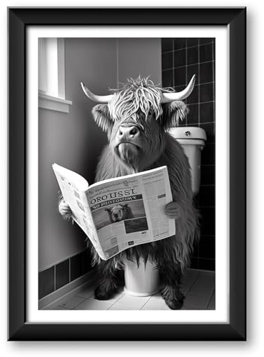 Zamety Bilder Badezimmer Poster, 30 x 40cm Bild Badezimmer WC Bilder Lustig | WC Bilder Lustig, Lustige Hochlandrind Bild Wanddeko, Schwarz weiß Wandbild, Toilette Deko, Ohne Rahmen