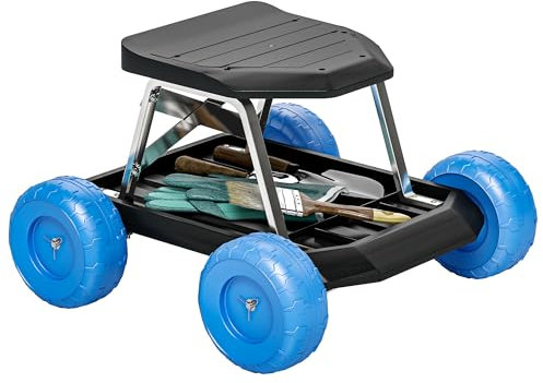 Outsunny Garden Cart with Wheels, Garden Stool Trolley with Tool Tray, Rolling Garden Seat for Planting, Weeding, Blue