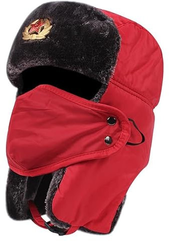 PXPLDYY Russische Mütze Sowjetische Militärische Russische Pilotenmütze Winter Outdoor Skischutz Uschanka Trappermütze Herrenmütze Winter Dicke Warme Mütze,Rot,Einheitsgröße
