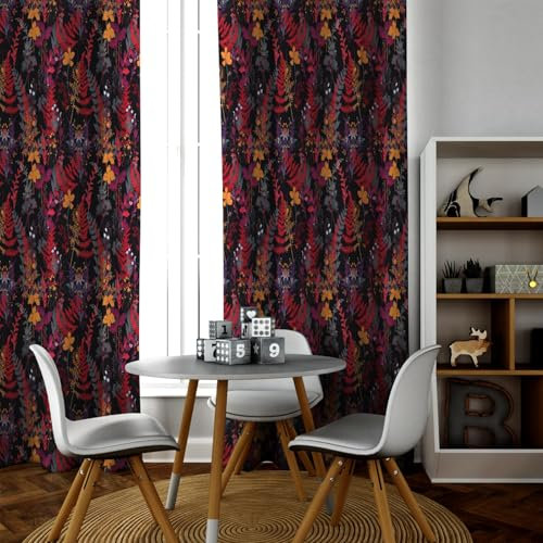LANDOCROWN Fall Blackout Curtains Autumn Botany Theme Eyelet Curtains for Living Room Decor Red Fern Leaves Wildflowers Design Window Drapes 42x45 Inch 2 Panels