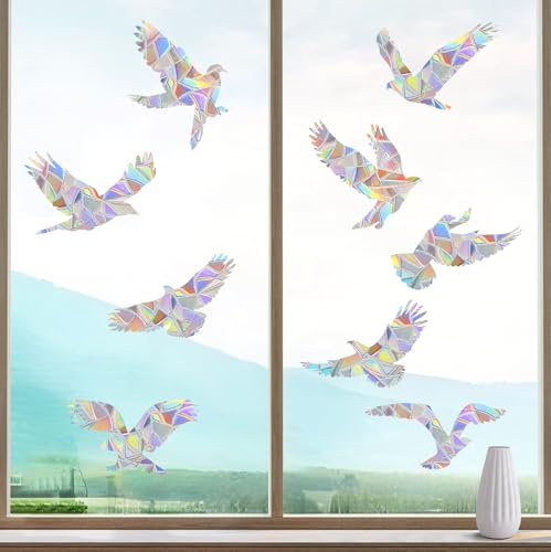 HOOWA Prisma Vogelschutz Fenster Fensterbilder Vögel Große 27-31cm, 9 Stück Regenbogen Folie Fenster Fenstersticker, Suncatcher Sticker Prisma Fensteraufkleber Vogelschutz für Glasscheiben