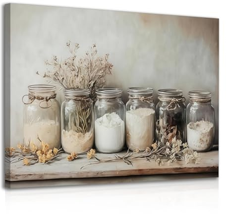 Dazzlewall Gerahmte Bauernhaus Küche Wandkunst, Rustikale Vintage Einmachglas Gewürzbild, Stillleben Kochkunst Malerei für Küche Esszimmer Dekor 12x16 zoll