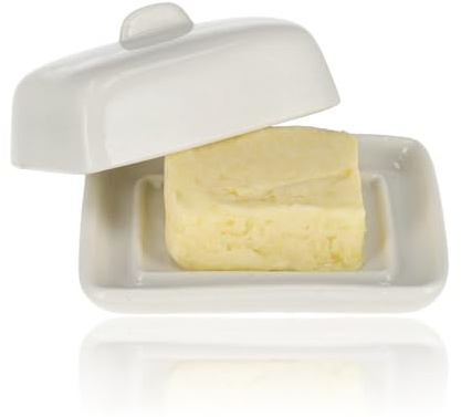 Beurrier avec couvercle – Céramique – Beurrier blanc – Boîte à beurre – Mini cloche à beurre – 8 x 7 x 4 cm – Plateau au beurre en porcelaine – Pour réfrigérateur et table