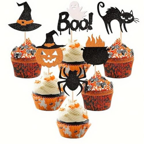 KEQAR 3 Packungen (60 Stück) Tortendeko Halloween Fledermaus, Cupcake Topper, Kürbis, Spinnennetz, Geist, Muffin Deko