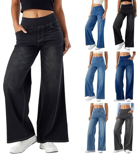 Breda ben jeans för kvinnor Storbritannien, dra på stretch raka ben säckiga träningsbyxor Palazzo jeans elastisk hög midja denim byxor med fickor damer lounge träningsbyxor lös löpning vandring