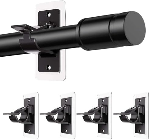 MUYAPAY 4 Pezzi Supporto Ganci per Tende Senza Bucare, Gancio Supporti Bastone Asta Tenda, Supporto Ganci Adesivi per Tende, Staffa Autoadesiva Asta Bagno, Cucina, Camera da Letto (Nero)