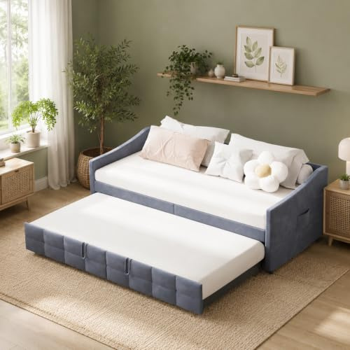 BRILVERDE Polsterbett Ausziehbares Schlafsofa 90x200 cm,mit Lattenrost und Rückenlehne,Multifunktionsbett,Samt,Ohne Matratze (Grau-6)