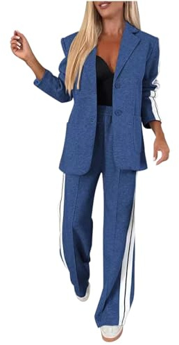 Dam 2-delad blazer kläder business casual överdimensionerad jacka, jackor breda ben byxor sweatsuits kontor kostymer set träningsoverall, BLÅ, XL