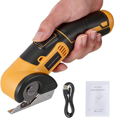 Kartonschneider Elektrische Schere Kabelloser Rollschneider mit Sicherheitsschloss und USB-Ladekabel, Schnittstärke bis 6 mm, Akku-Universalschneider für Pappe, Teppich, Stoff, Leder,Kunststoff (Gelb)