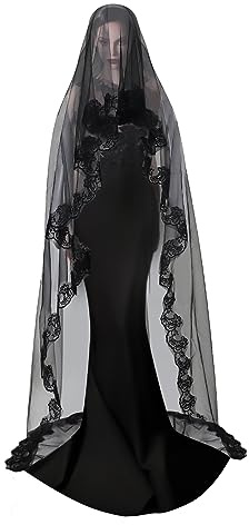 Halloween Schwarz Schleier Lange Tüll Schleier 3 Meter Spitze Witwenschleier für Hochzeiten, Fotografie und Halloween Kostüme, Gothic Haarschmuck Brautschleier Hexenkostüm für Frauen (150*280cm)
