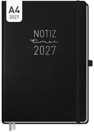 Häfft® Wochen-Notiz-Kalender 2027 A4 Schwarz | Terminplaner & Notizbuch in einem, Wochenplaner Kalenderbuch, Notiz-Timer mit Kunstleder-Hardcover, Prägung & Einstecktasche