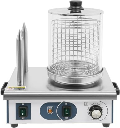 550 W Hot Dog Maker, 2-i-1 rostfritt stål korvvärmare och brödvärmare med 2 värmespett, justerbar temperatur 50–300 ℃, perfekt för restauranger, frukostbutiker och snackbarer