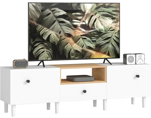 HOMCOM Mobile Porta TV, Mobile TV Fino a 70, Bianco e Color Legno | Ante a Ribalta, Cerniere Soft Close, Cassetto, Ripiano Aperto, 8 Gambe, Soggiorno, Camera da Letto, 150x35x45 cm