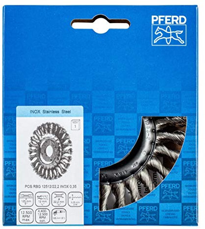 Pferd Cepillo de Alambre Redondo 125 millimeters, Ancho 12 millimeters, Alambre Trenzado Inox 0,35, Agujero 22,2 millimeters