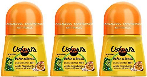 Ushuaïa - Déodorant Femme Bille Bahia Do Brasil Argile Absorbante & Parfum Maracuja Efficacité 48h - 50 ml - Lot de 3