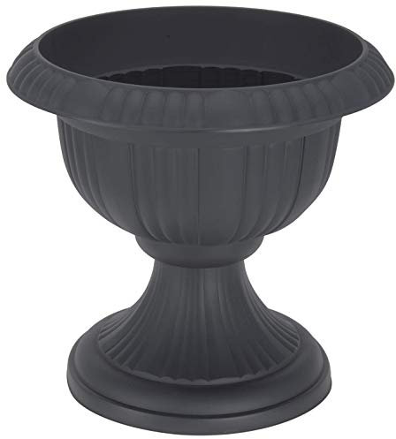 Koopp Large 36cm Urn Planter on Flower Pedestal, Slate Grey | Lightweight, Durable Rippled Plastic Ornamental Plant Pot | UV Resistant Decorative Garden & Home Planter, Indoor/Outdoor Rustic Plant Pot