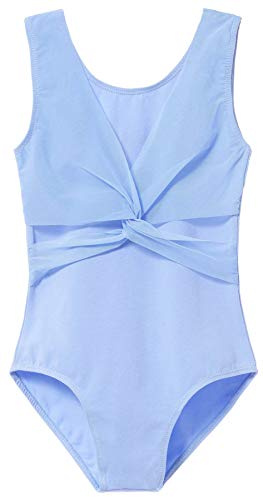 MdnMd Tank Mesh Cross Front Gymnastic Ballet Dance Leotard for Girls Children (Blue, Age 8-10)