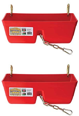 Little Giant FF16RED 9 Quart Heavy Duty Plastic Feed Trough Bucket Fence Feeder with Clips for Livestock & Pets, Red (2 Pack)