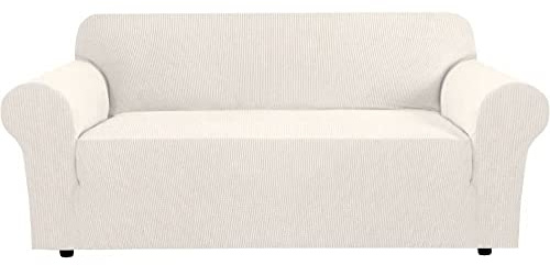 H.VERSAILTEX Stretch Sofa Covers for 3 Cushion Couch Covers Sofa Slipcovers for Living Room Feature Thick Checked Jacquard Fabric with Elastic Bottom, Sofa Large - Ivory