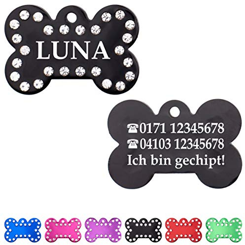 Ibera gifts: Hundemarke mit Gravur - Personalisierte Hundemarke aus glänzendem Aluminium mit Strasssteinen, Größe 40 x 26 mm, ideal für mittelgroße bis große Haustiere (Schwarz)