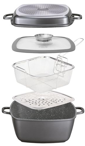 STONELINE Aluguss Bräter Induktion 28 cm 7,1 L Set 5-teilig Eckiger Bräter mit Deckel Frittierkorb Dampf-Einsatz, Schmortopf Backofen Auflaufform Backform Antihaftbeschichtet mit echten Steinpartikeln