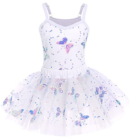 IWEMEK Mädchen Ballettkleid Ärmellos Pailletten Schmetterling Balletttrikot Ballettanzug Tanzkleid Tanzbody Top mit Tütü Rock Ballettrock 2tlg Kinder Ballettkleidung Gymnastik Weiß 9-10 Years