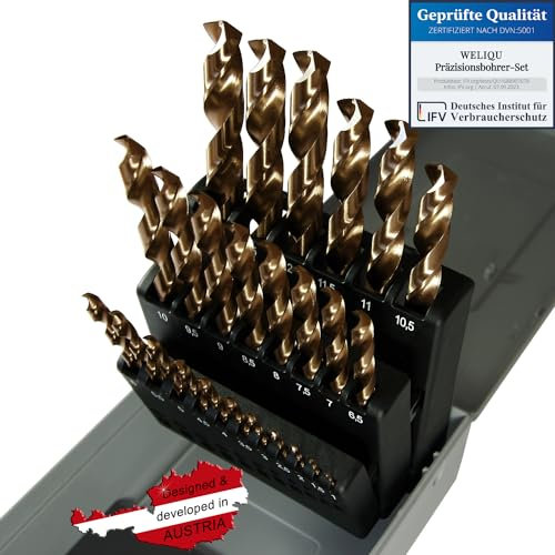 WELIQU Metallbohrer Set HSS-E Cobalt Pro 25-teilig - M35 Spiralbohrer-Set - 1-13mm, 0,5mm Schritte - Selbstzentrierend für Edelstahl, Stahl, Eisen usw.