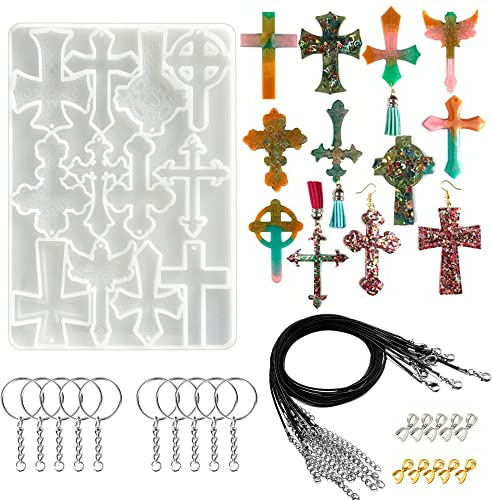 Woohome Schmuck Silikonform Gießform Resin Form, Kreuzen Silikon Gießformen mit Anhängerschnalle, Schwarzes Wachsseil für Anhänger, Harz Handwerk DIY