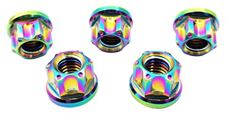 RISON Tuercas de titanio M6 M8 M10 M12 Tuercas hexagonales para motocicletas y bicicletas Vehículos Barco Accesorios de freno de titanio Pernos y tuercas de titanio Paquete de 10 (M6, Rainbow)