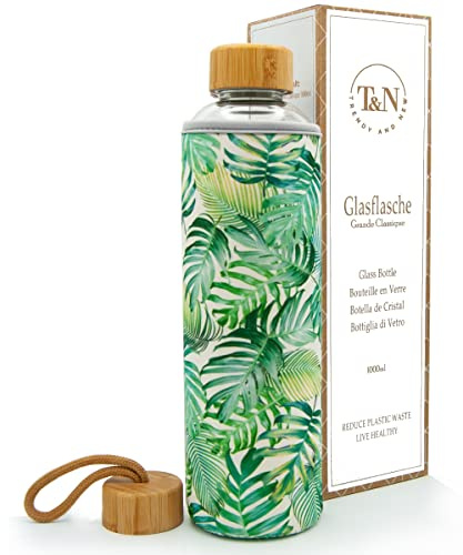 T&N Glasflasche 1 Liter / 750ml / 500ml – Trinkflasche Glas 1l mit Neoprenhülle – Wasserflasche Auslaufsicher – Glastrinkflasche aus dickerem Borosilikat-Glas für Kohlensäure geeignet