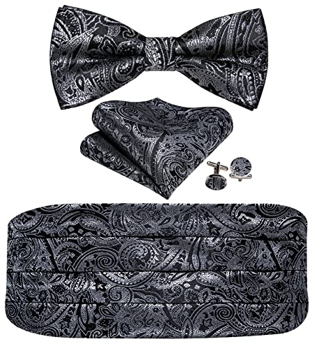 Barry.Wang Cummerbund fluga set för män, siden kummerbund förbunden fluga ficka fyrkantiga manschettknappar, Silversvart, en storlek