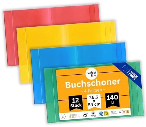 perfect line 12 x Buchumschlag Höhe 26,5 cm (265 mm) x Breite bis 54 cm, Schulbuch-Hülle Extra-Stabil, Buchschoner Glas-Klar, Sparpack (1 Set (12 Stk.) - Bunt)
