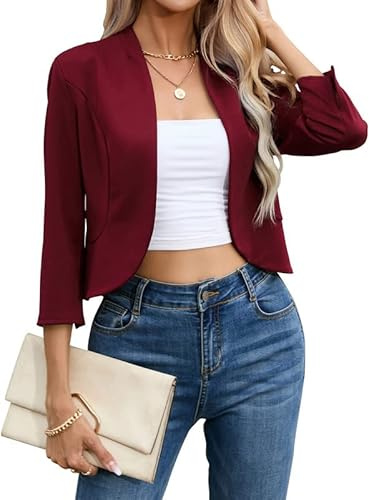 Clearlove Blazer pour femme - Cardigan ouvert à l'avant - Manches 3/4 - Décontracté - Travail - Bureau - Veste cropped blazer pour femme, rouge bordeaux, XXL